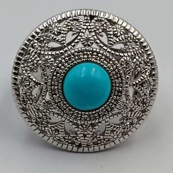 Elizabeth Adams Sterling Silver 925 Turquoise Diamond Accents Ornate Ring Sz 8 - Picture 3 of 15